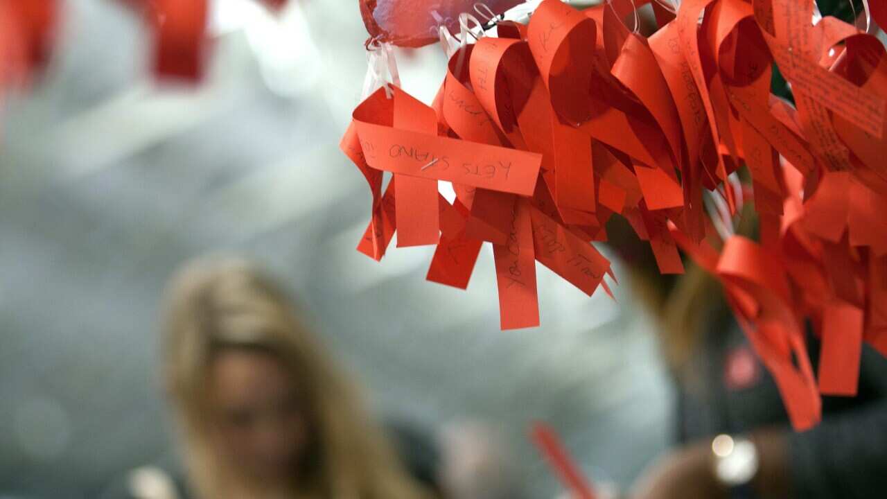 Red HIV Ribbons during the 2016 International Aids Conference at the Durban International Conference Centre, in Durban, South Africa.