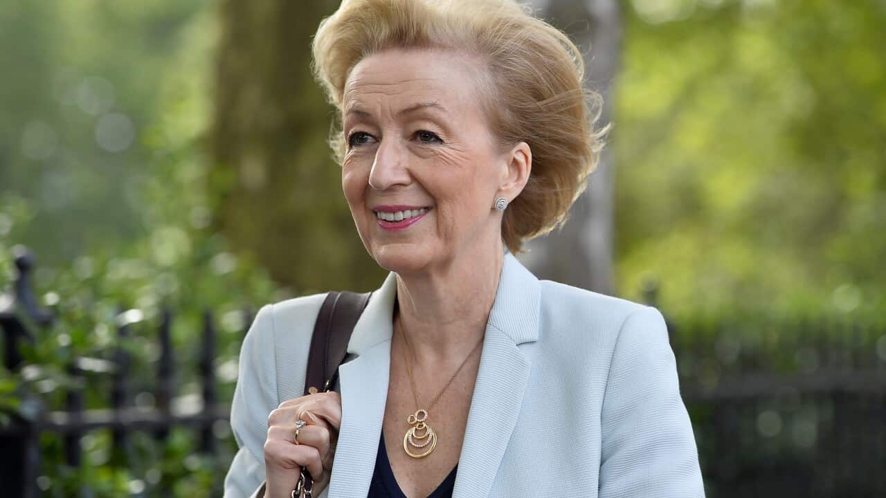 epaselect epa05412592 British MP Andrea Leadsom leaves Millbank Studios after giving TV interviews in London, Britain, 07 July 2016. Leadsom is campaigning for her bid to leadership of the Conservative Party. EPA/HANNAH MCKAY