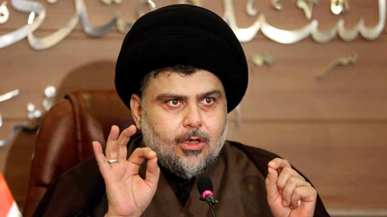 in this Dec. 29, 2015 file photo, Shiite cleric Muqtada al-Sadr speaks during a press conference in Najaf
