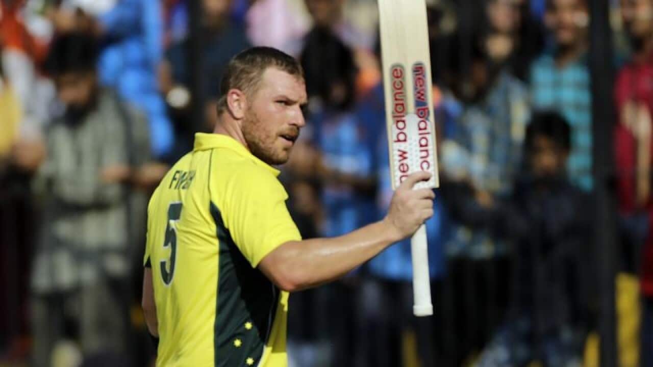 Aaron Finch celebrates his ton
