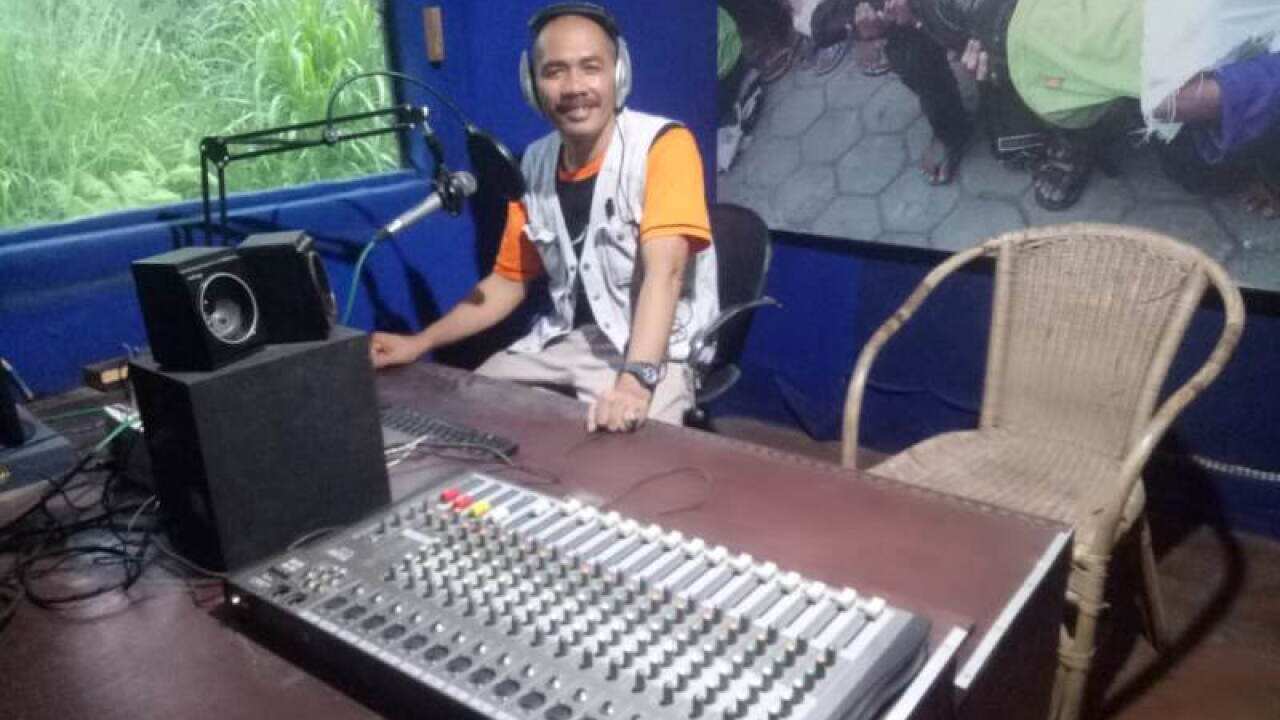 Sukiman Mochtar Pratomo at Lintas Merapi FM studio in Klaten, Central Java, 17 Feb 2020.