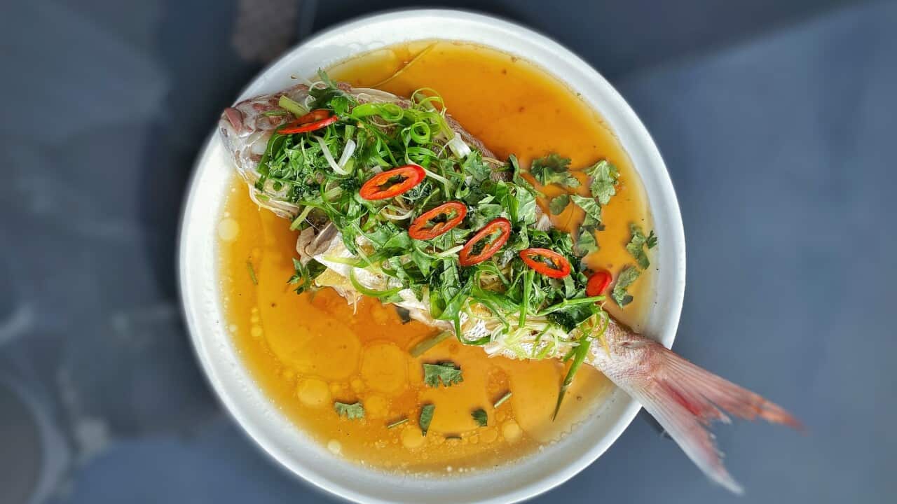 Chinese whole steamed fish.