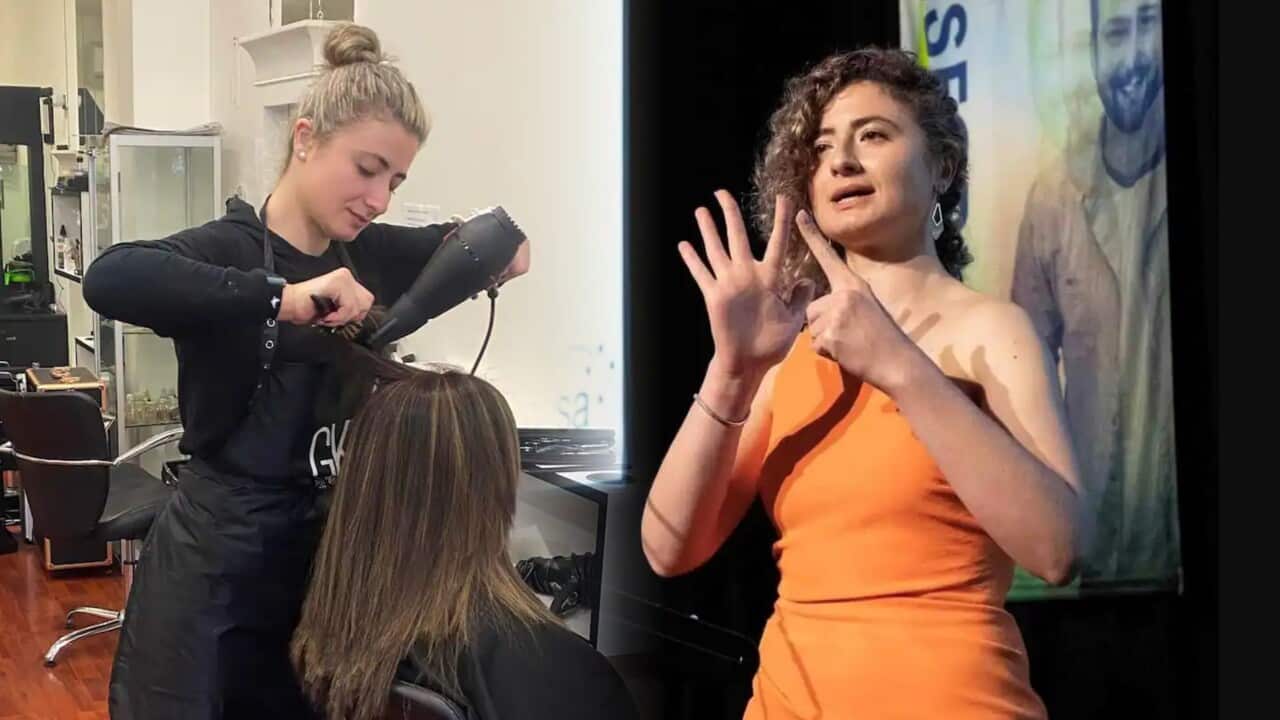 A composite image of a woman blowdrying hair, and a woman using her hands to perform sign language.