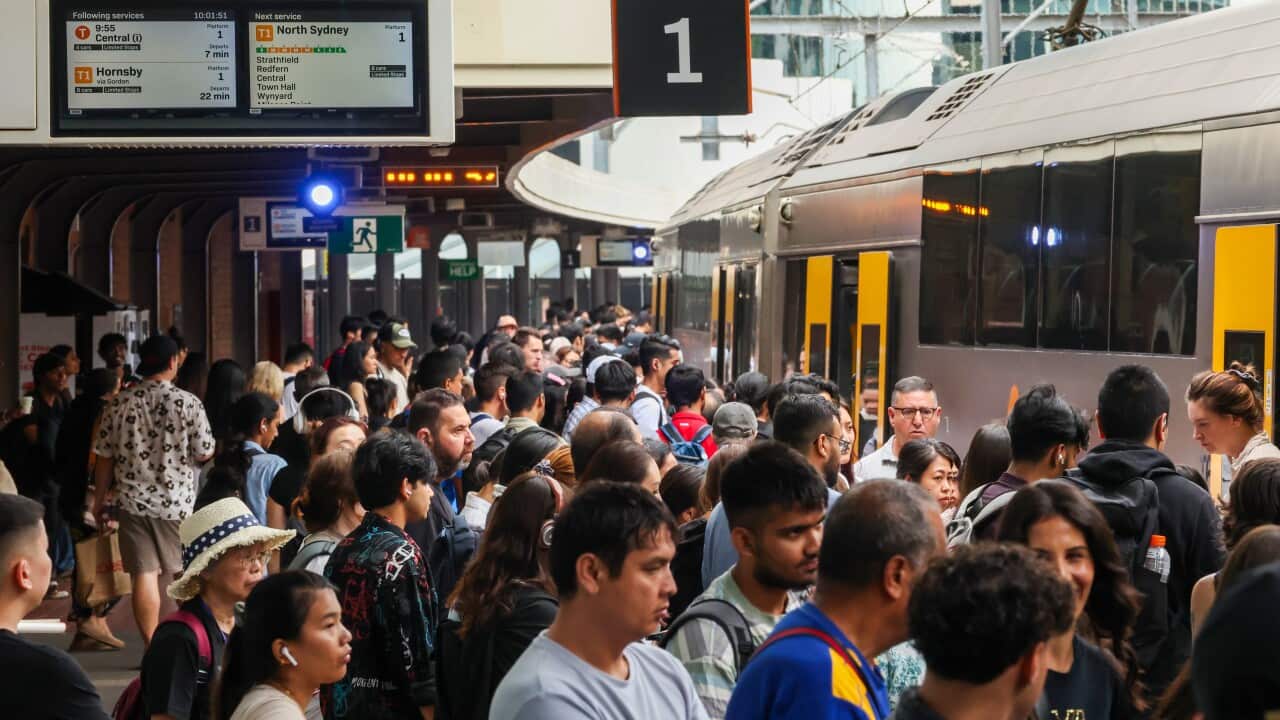 Commuters at a busy train station.