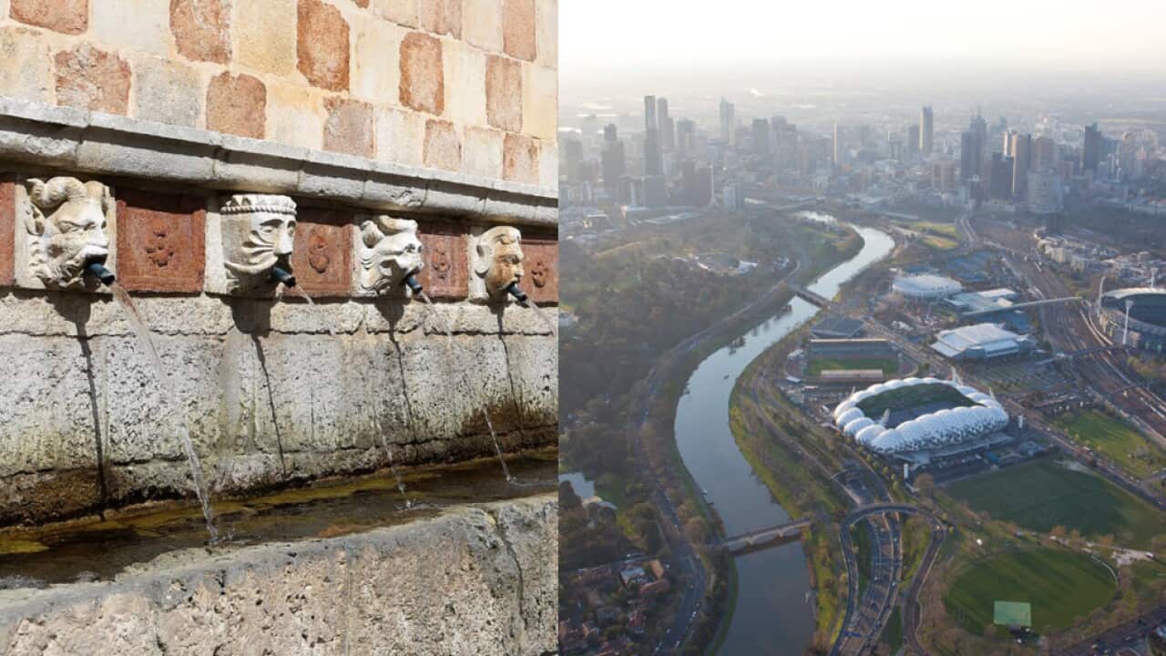 Un particolare della fontana delle 99 cannelle dell'Aquila e un'immagine area del centro di Melbourne