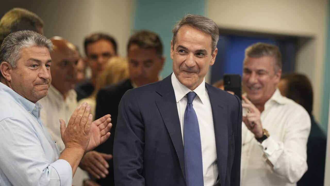 Kyriakos Mitsotakis, leader of New Democracy, arrives at the headquarters of the party in Athens