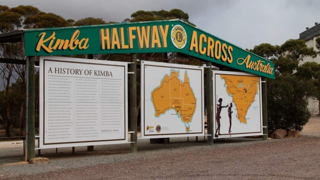 A sign greeting travelers as they enter the rural town of Kimba, one of two towns shortlisted to host a nuclear waste facility.