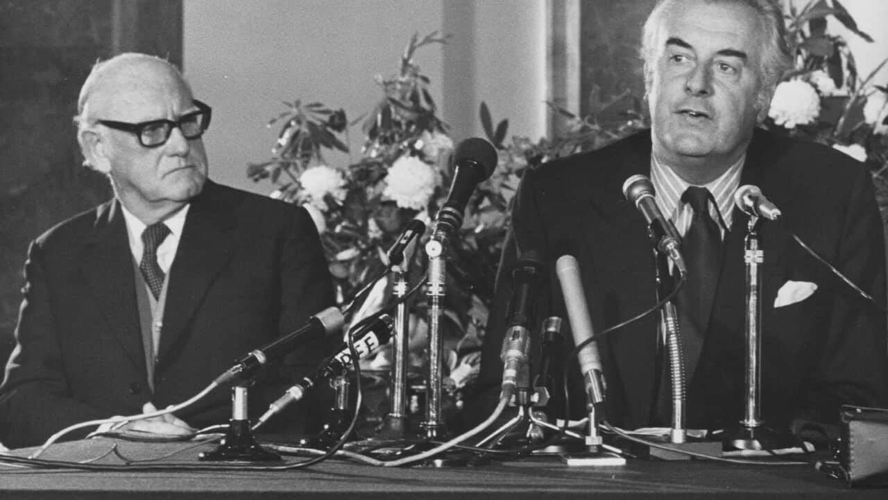 Australian High Commission John Armstrong and Australian Prime Minister Gough Whitlam during a press conference, Australia House, London, April 25th 1973. (J. Wilds/Keystone/Getty Images)