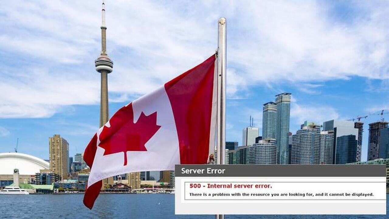 Canadian flag and the Toronto skyline. 