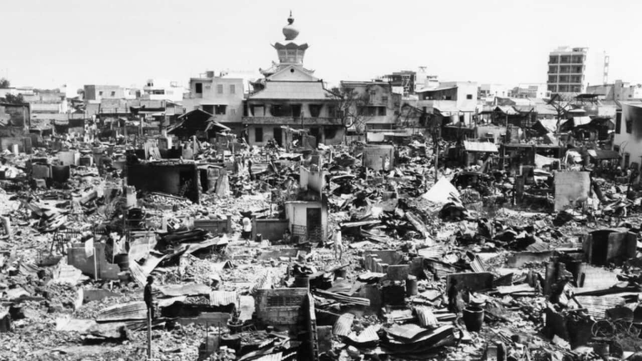 A large section of rubble is all that remains in this one block square area of Saigon on Feb. 5, 1968.