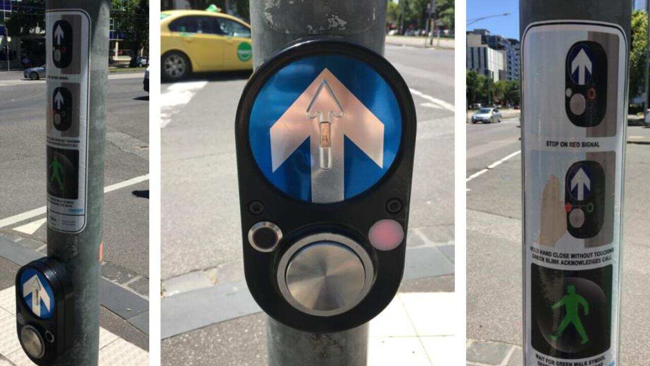 A pedestrian crossing signal with an infrared sensor in Melbourne.