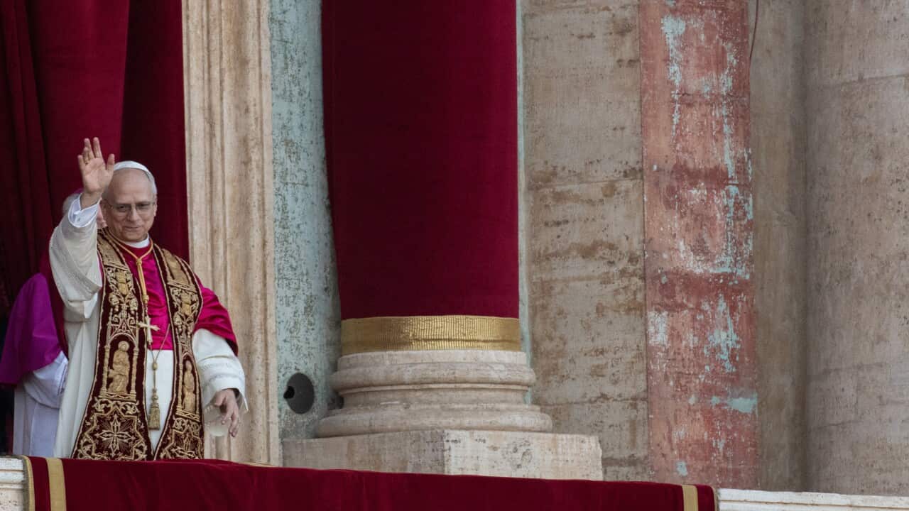 ITALY - NEWLY ELECTED POPE LEO XIV , ROBERT PREVOST APPEARS AT THE CENTRAL LOGGIA BALCONY OF THE ST PETER'S BASILICA FOR THE FIRST TIME , AFTER THE CARDINALS ENDED THE CONCLAVE IN THE VATICAN - 2025/5/8
