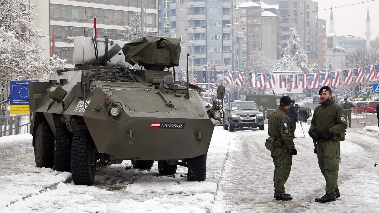 Members of the NATO-led international peacekeeping force in Kosovo.
