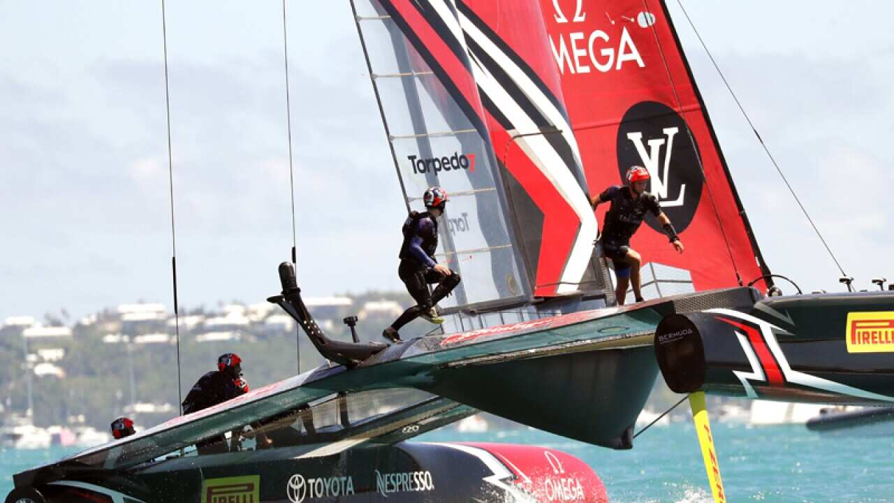 Team New Zealand crosses the finish line in the America's Cup