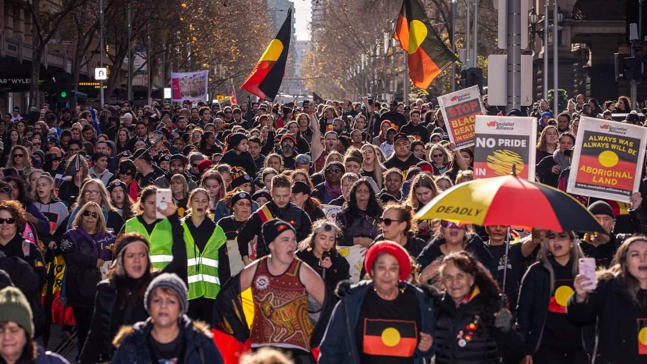 Australians in Melbourne celebrate Indigenous culture during a NAIDOC week march in Melbourne on 6 July 2018.