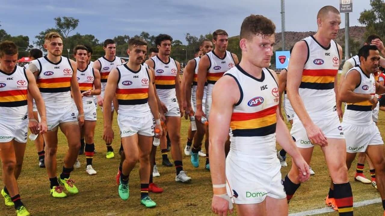 Adelaide Crows players leave the field