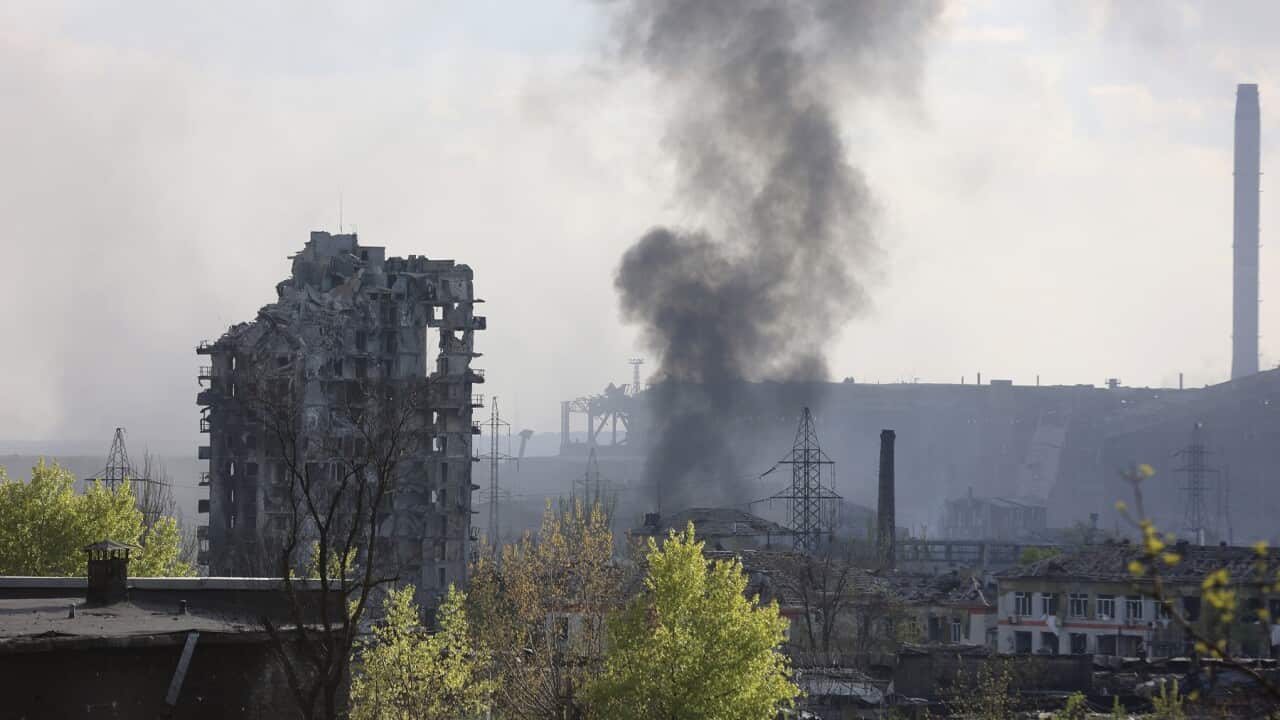 Smoke rises from the Azovstal steel plant in Mariupol in eastern Ukraine (AAP)