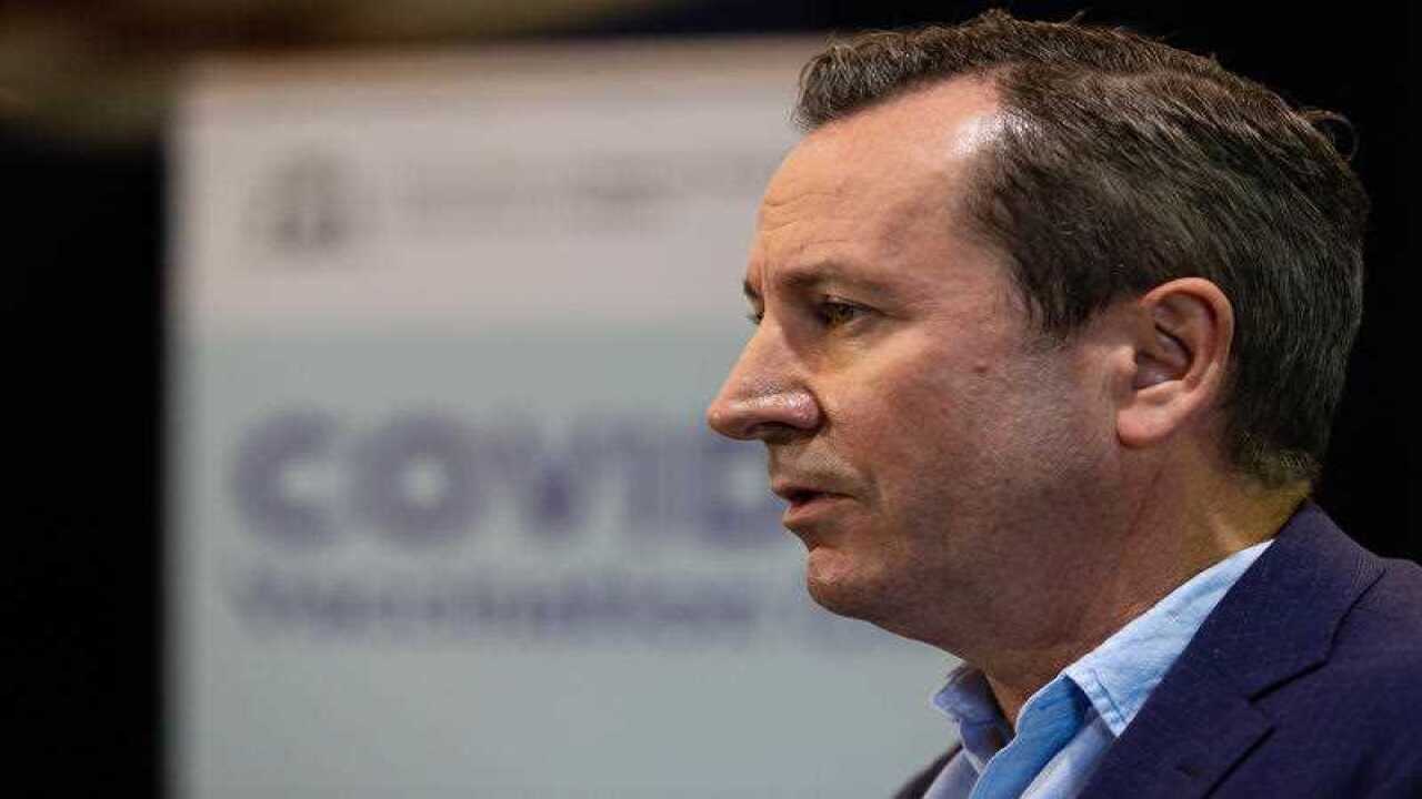 WA Premier Mark McGowan is seen during press conference at a mass vaccination centre at Claremont Showgrounds in Perth. 3 May, 2021.