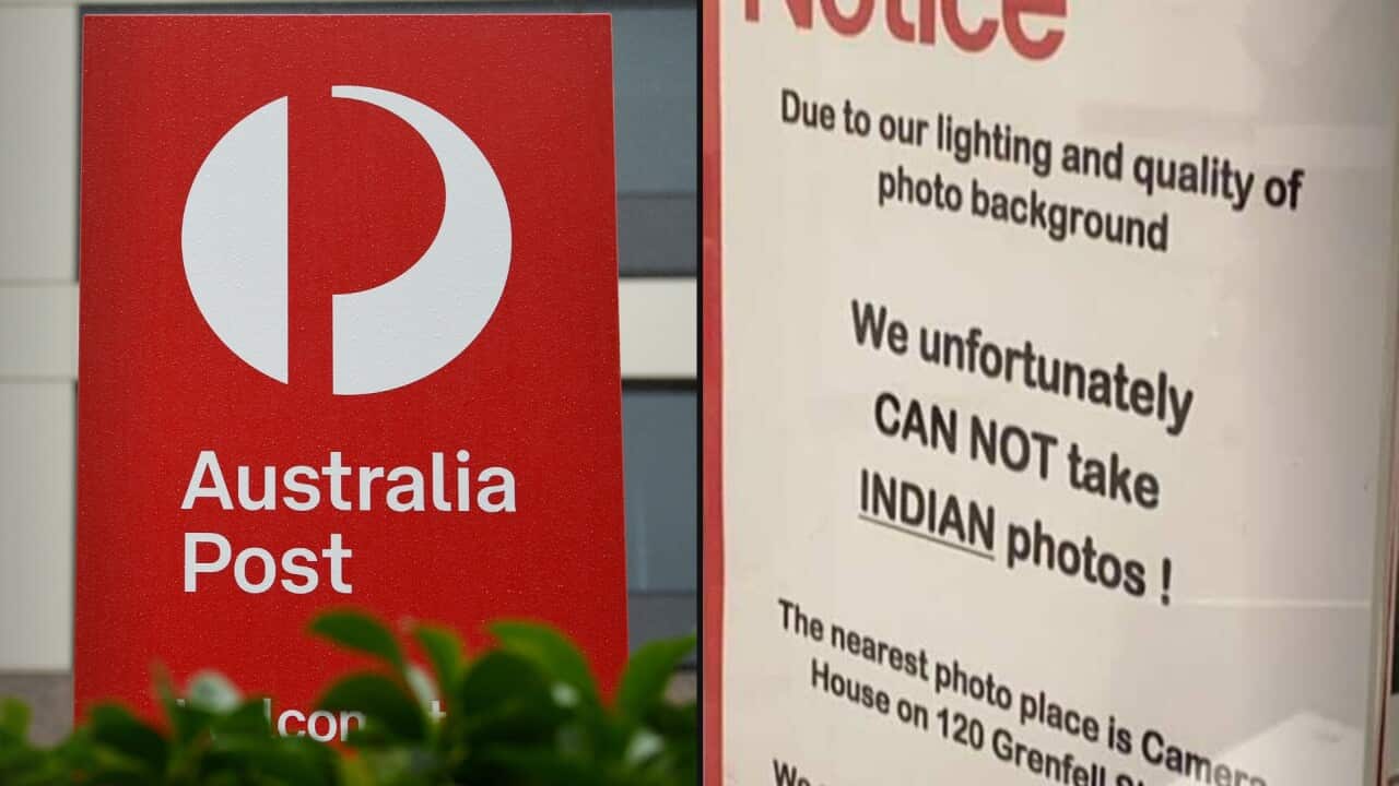 A split image. On the left is a sign with the Australia Post logo. On the right is a sign that reads: "We unfortunately can not take Indian photos".