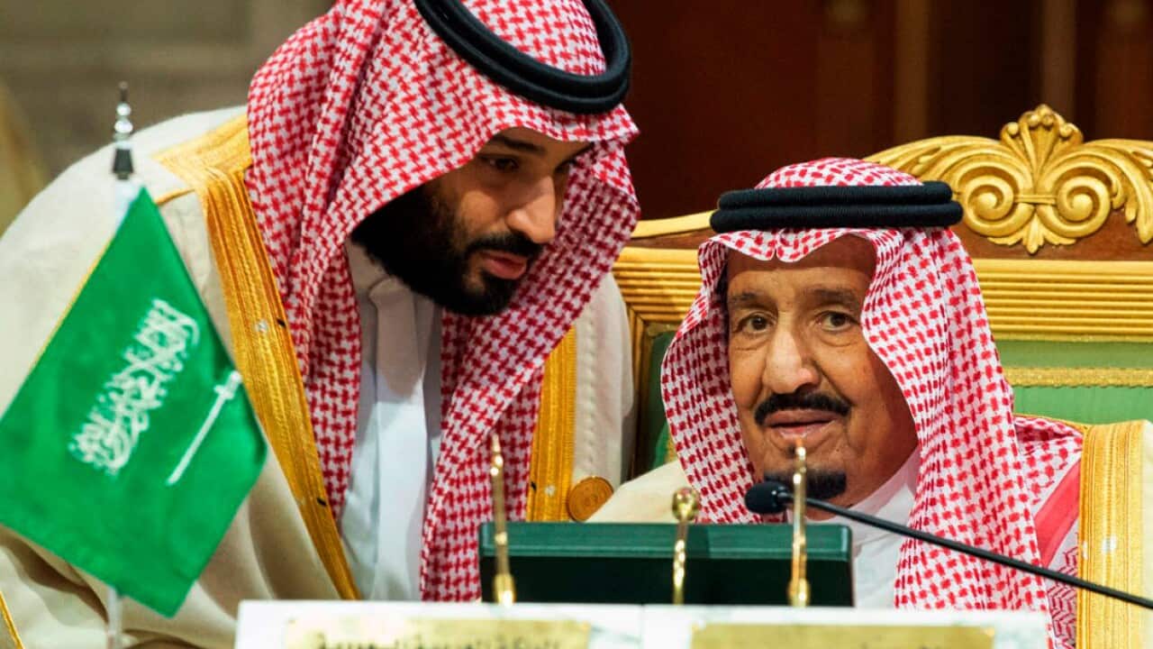 file photo, released by the state-run Saudi Press Agency, Saudi Crown Prince Mohammed bin Salman, left, speaks to his father, King Salman (AAP)