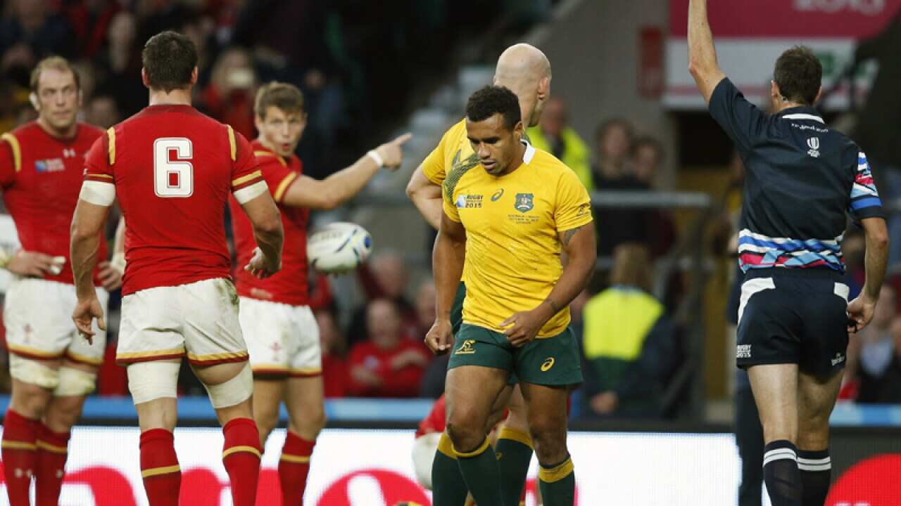 Australia's Will Genia leaves the field after getting a yellow card