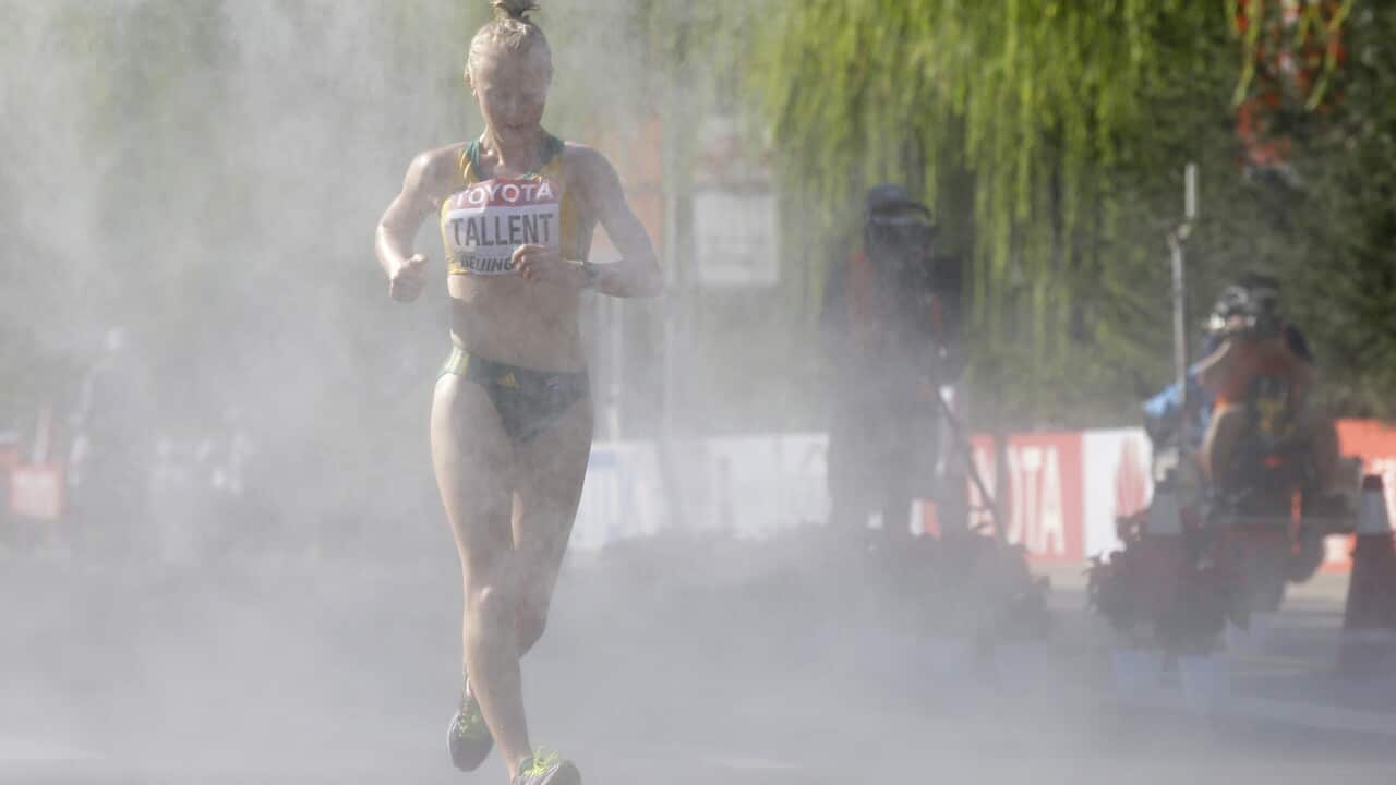Rachel Tallent competes in the womens 20km race walk at the World Athletics Championships in China
