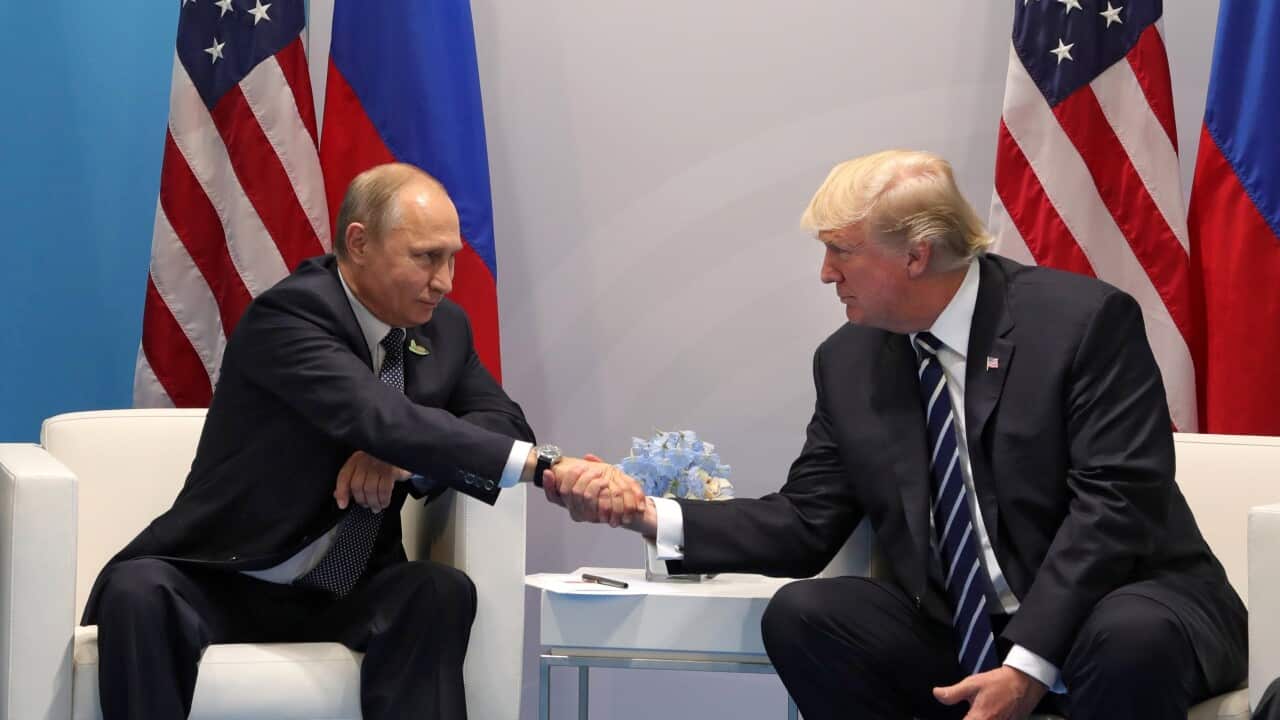 Vladimir Putin and Donald Trump shake hands during their meeting on the sidelines of the G20 summit in Hamburg in July 2017.