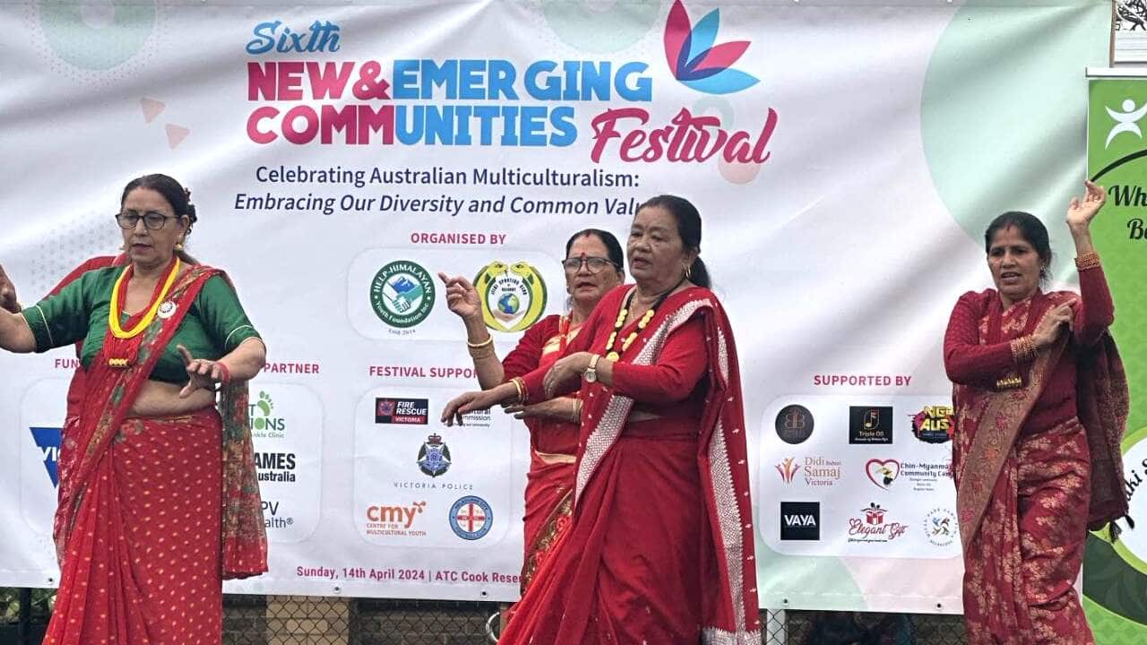 Participants dance to Nepali songs at the New and Emerging Communities Festival on Sunday, 14 April 2024 in Melbourne.