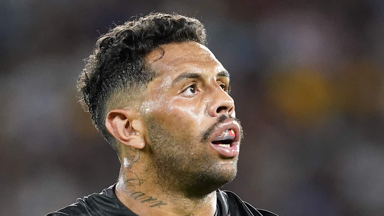 Josh Addo-Carr of the Indigenous All Stars looks on during the NRL Indigenous All-Stars vs Maori Kiwis match at CBus Super Stadium on the Gold Coast, Saturday, February 22, 2020 (AAP Image/Dave Hunt) NO ARCHIVING, EDITORIAL USE ONLY