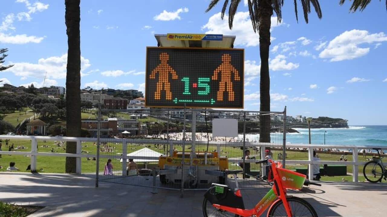 A social distancing sign at a beach in Sydney.