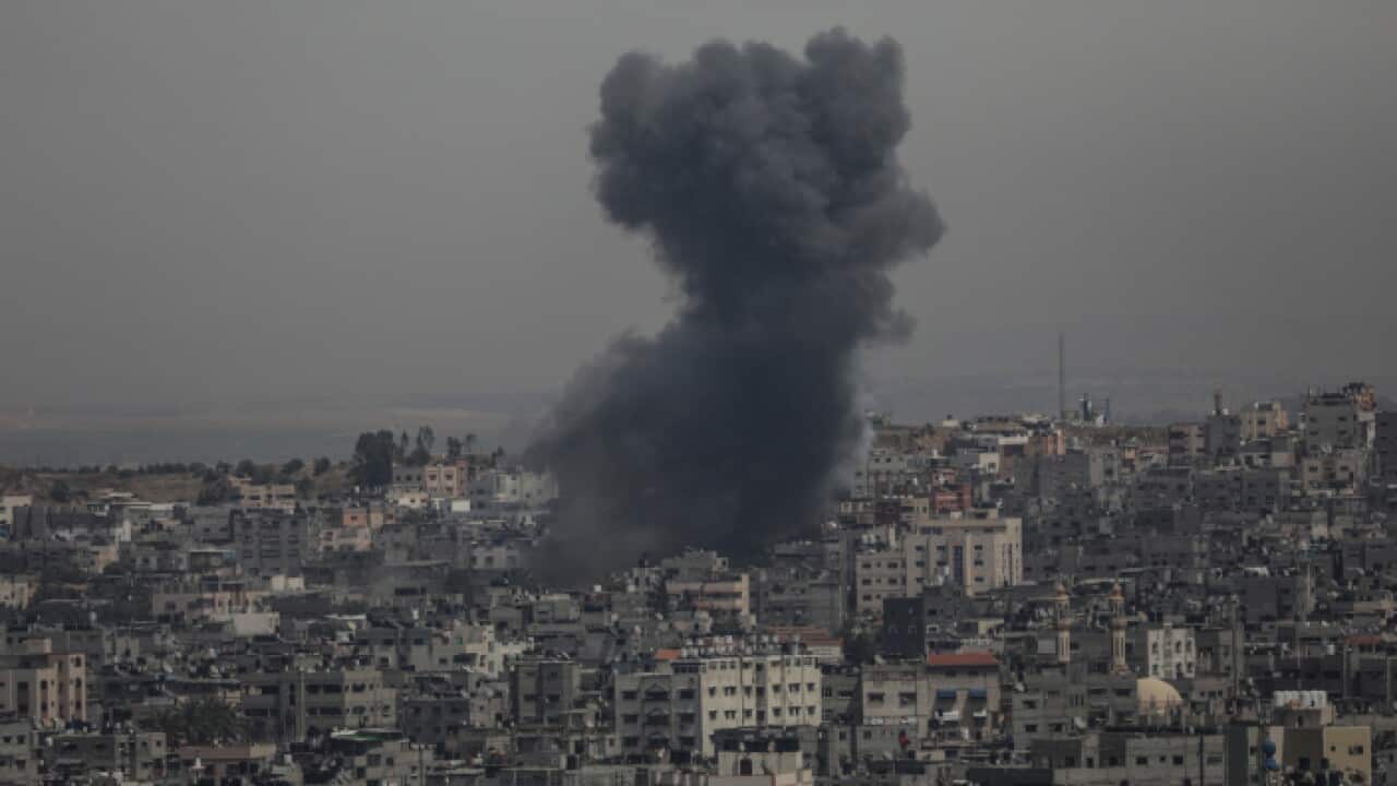 Smoke rises after Israeli airstrikes in Gaza City, 05 May 2019.