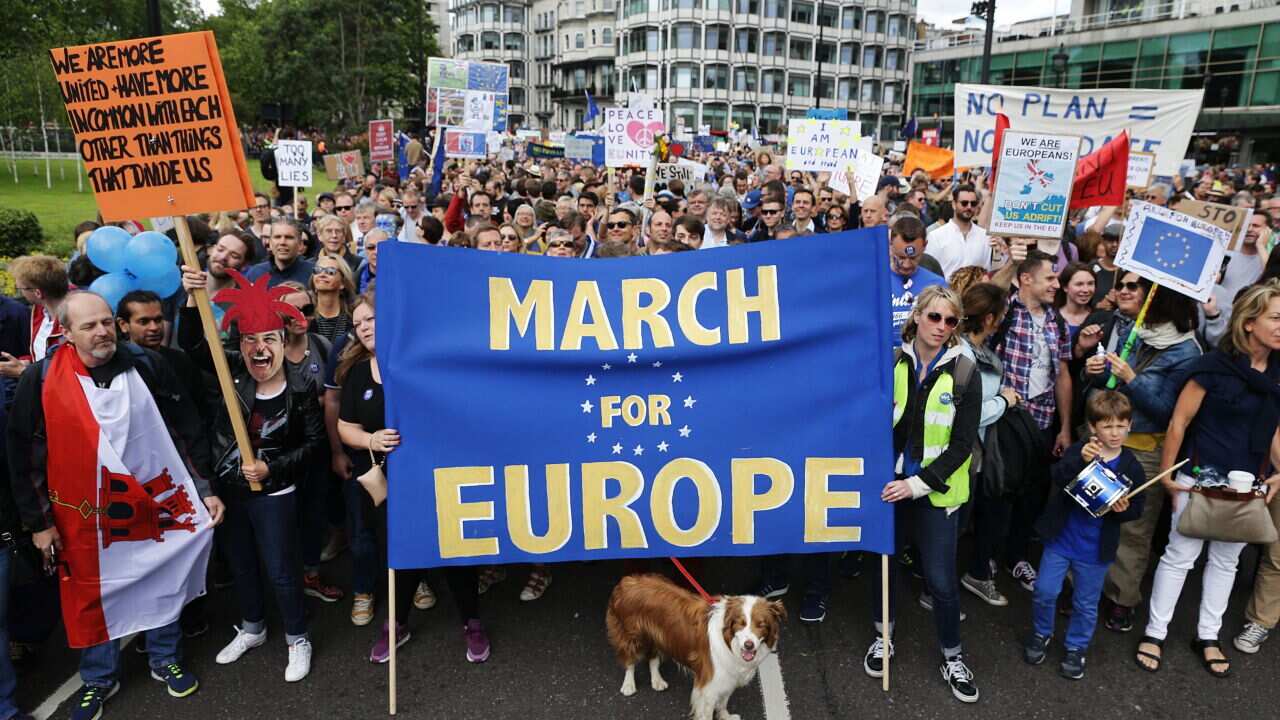 Remain" supporters gather on Park Lane in London, before marching to Parliament Square to show their support for the European Union
