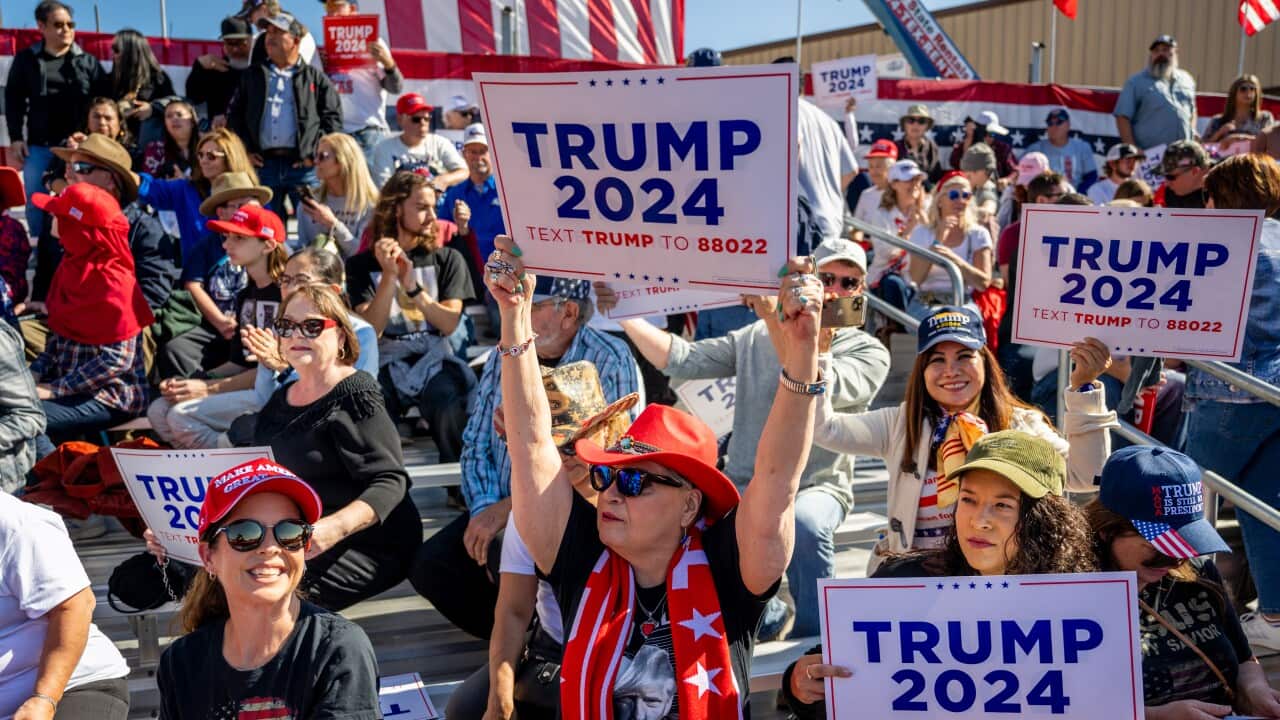 A crowd sitting on bleachers, wearing red and blue and holding signs reading 'Trump 2024'.