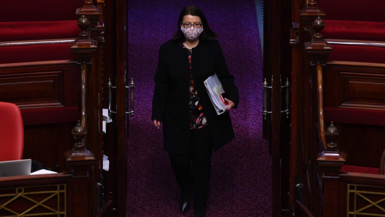 Victorian Health Minister Jenny Mikakos arrives at question time in the Legislative Council at the Victorian State Parliament, Melbourne, Tuesday, September 1, 2020. (AAP Image/James Ross) NO ARCHIVING