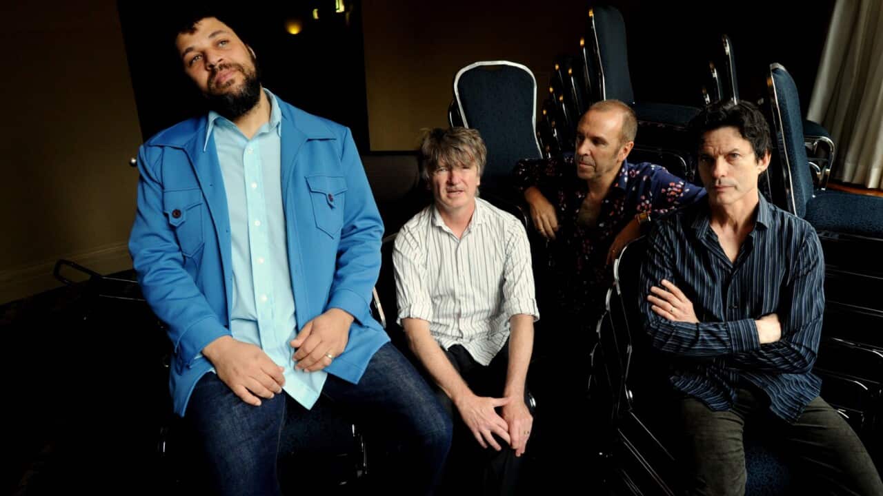 New Zealand band Crowded House (L to R) Matt Sherrod, Neil Finn, Nick Seymour and Mark Hart pose for photographs in Sydney, Tuesday, March 30, 2010. Crowded House are releasing a new album Intriguer in June 2010. AAP Image/Tracey Nearmy