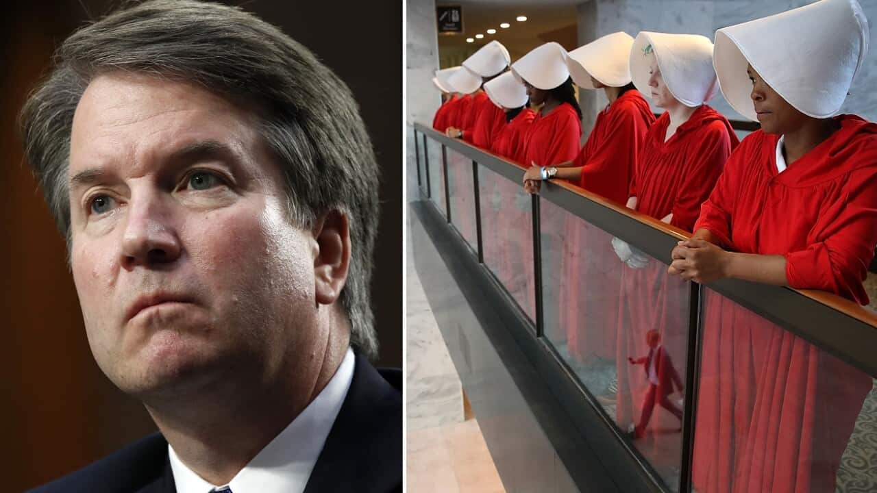 Supreme Court nominee Brett Kavanaugh and a group of protesters.