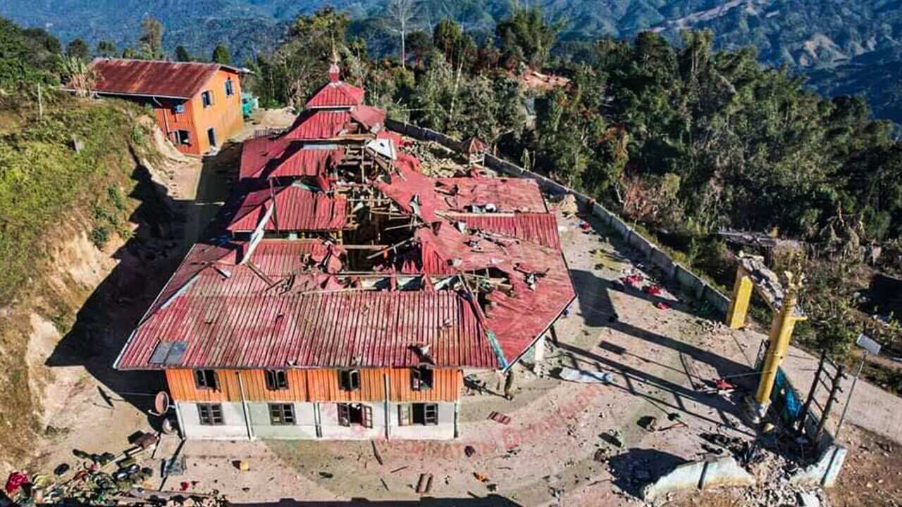 A religious building hit by an airstrike in Myanmar