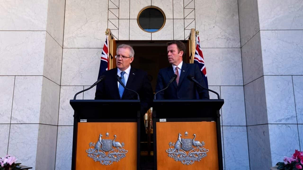 Prime Minister Scott Morrison and Education Minister Dan Tehan at a press conference