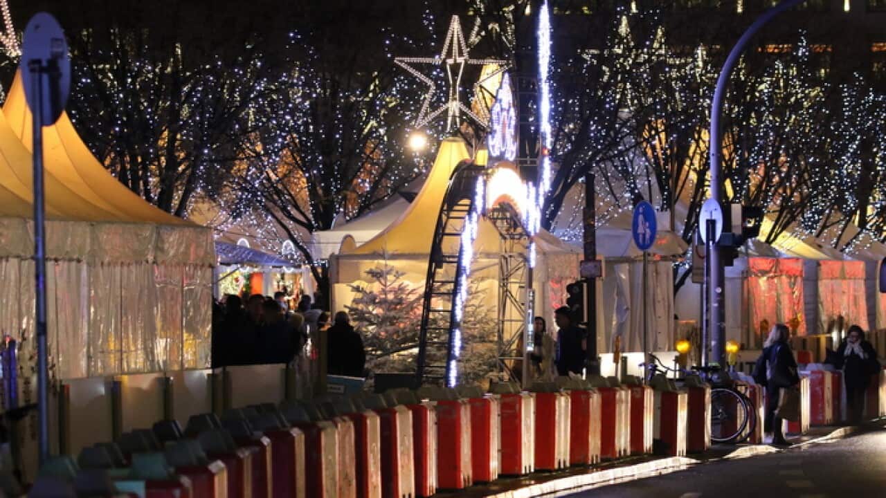 Concrete barriers at the Christmas market at the Gaensemarkt square in Hamburg, Germany