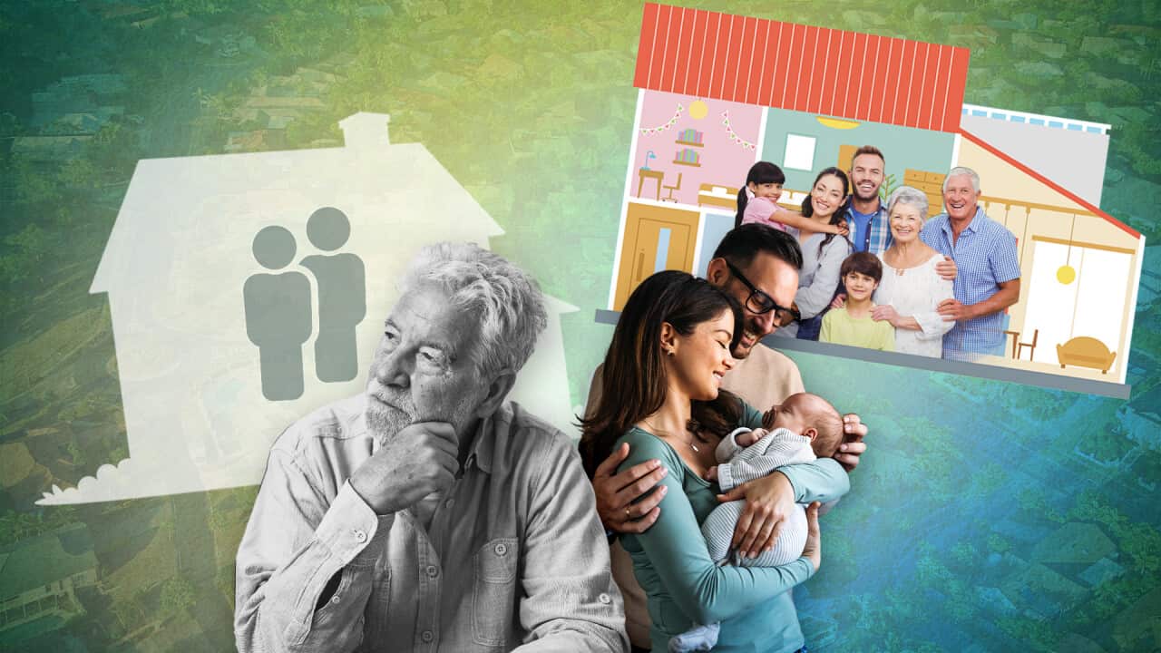 A composite image of drawings of houses and families