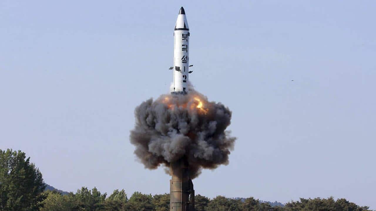 A file image of a solid-fuel "Pukguksong-2" ballistic missile lifts off during its launch test at an undisclosed location in North Korea.