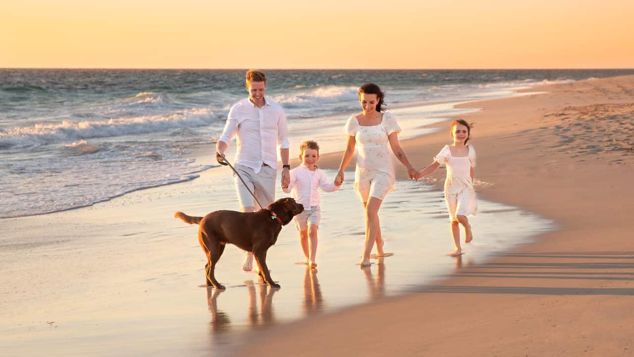 Valentina Rosso Doody con la sua famiglia e il cane Bruno in una spiaggia del WA.