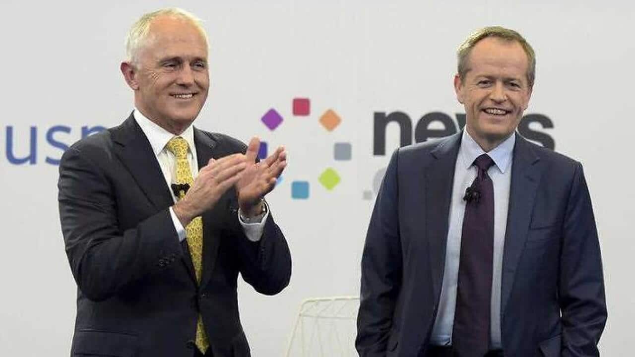 PM Malcolm Turnbull and opposition leader Bill Shorten at the end of a leaders debate on SNS