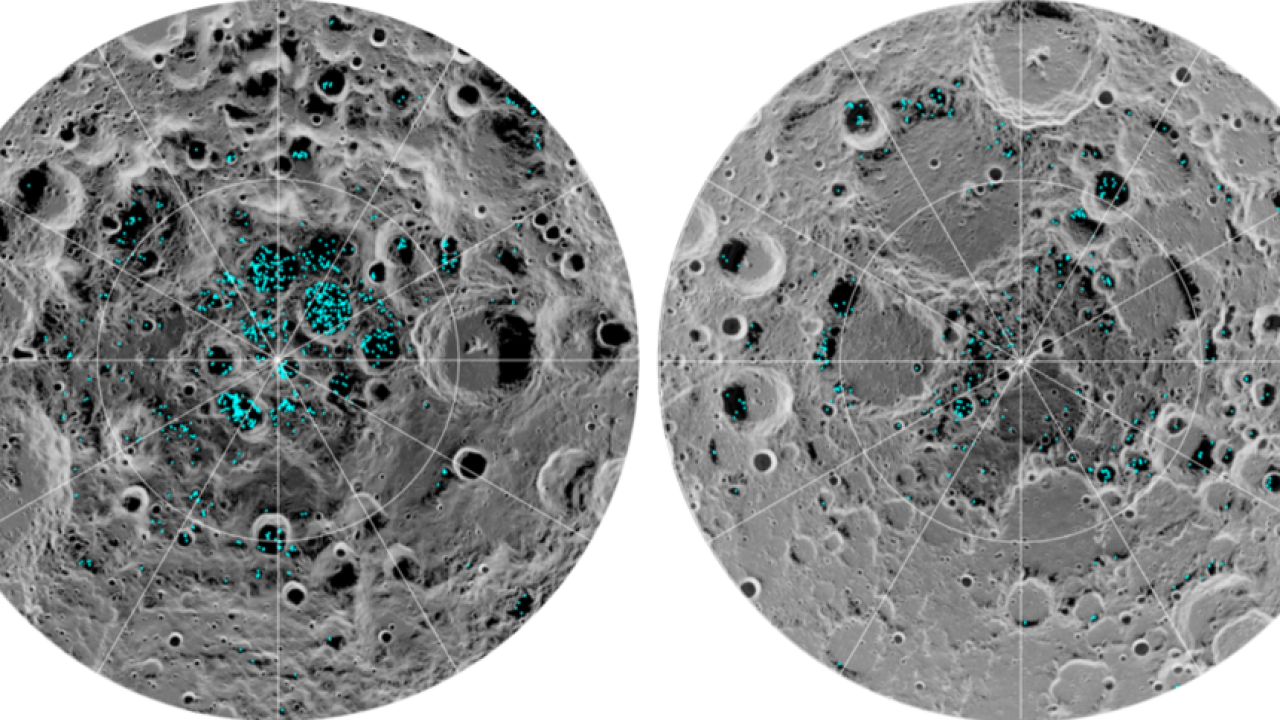 he image shows the distribution of surface ice at the Moon's south pole (left) and north pole (right)