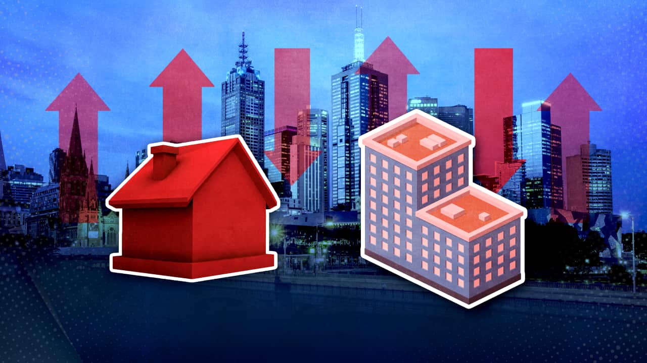 Melbourne skyline with a house and an apartment block.