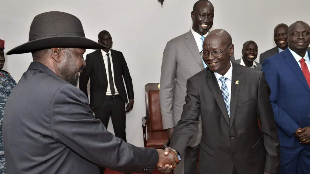 Governor Maker Greeting President Kiir soon after the swearing in