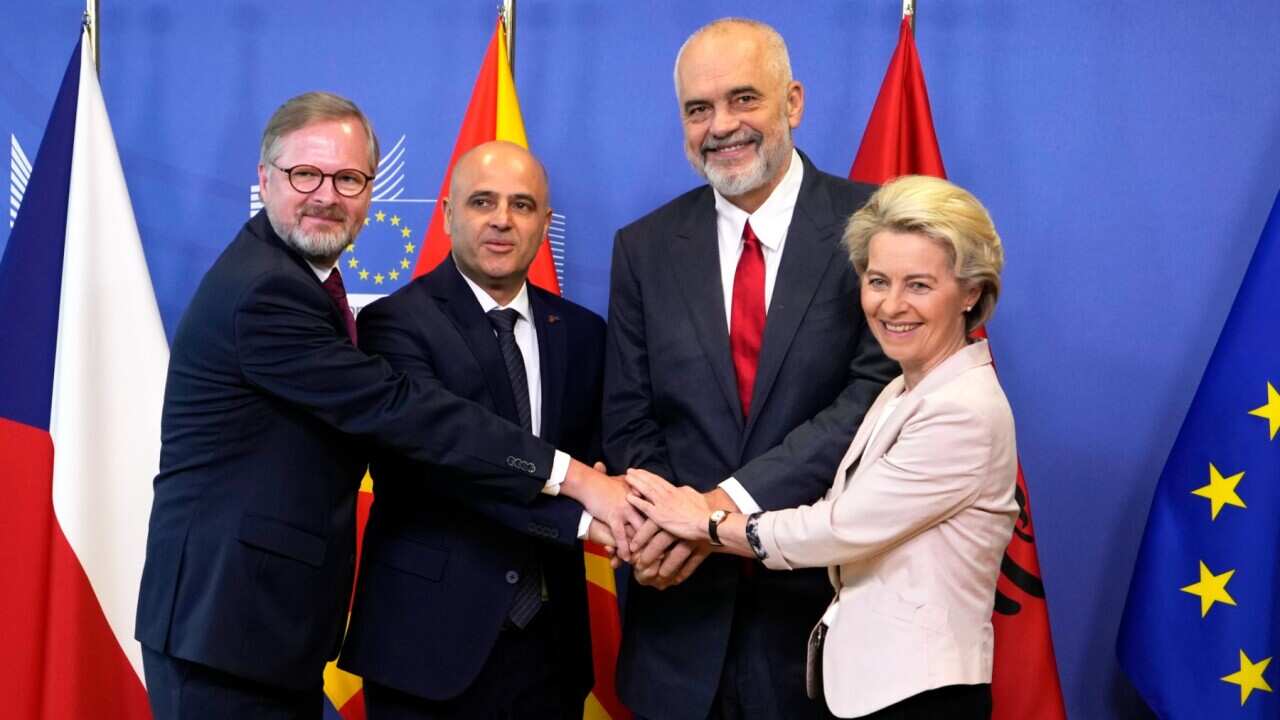 From right, EC President Ursula von der Leyen, Albanian PM Rama, Macedonian PM Kovacevski and Czech PM Fiala at EU headquaters in Brussels, July 19,2022
