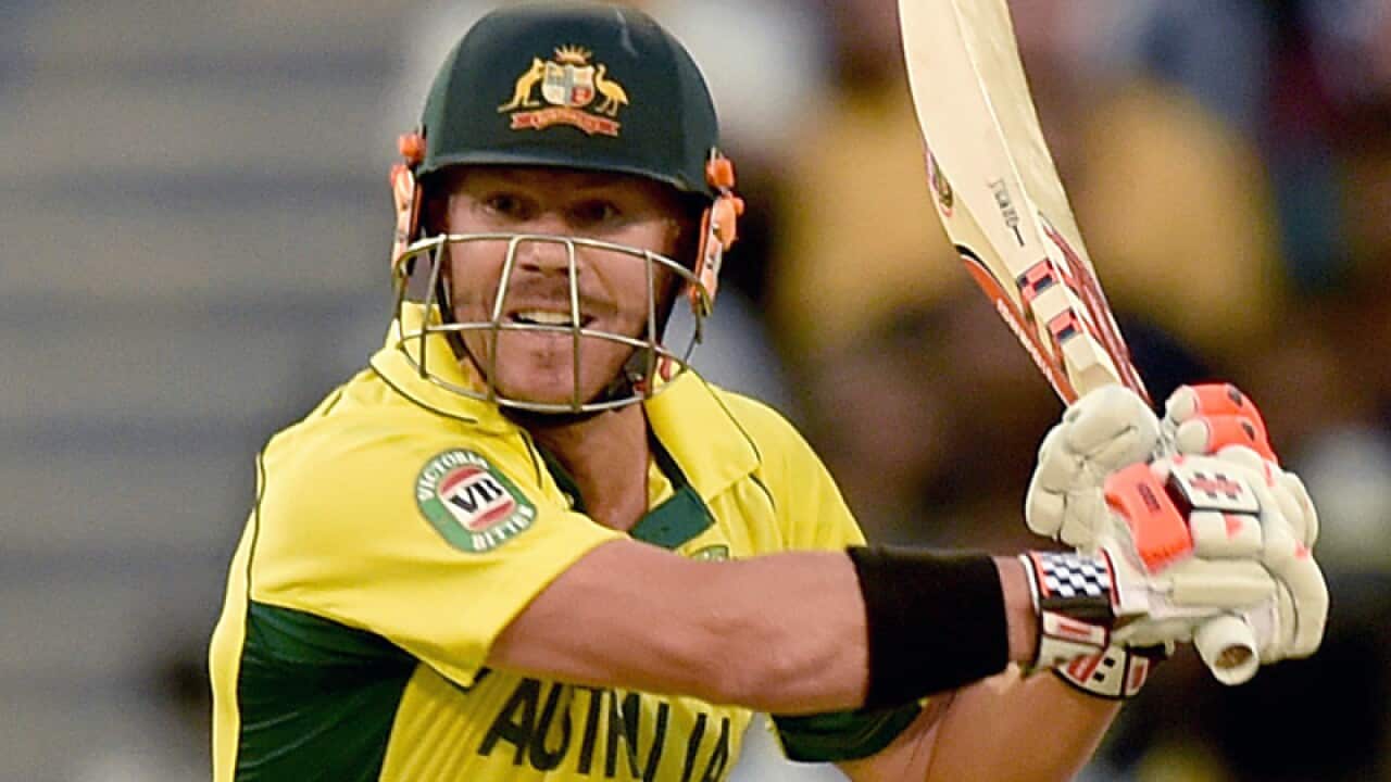 David Warner of Australia strikes the ball