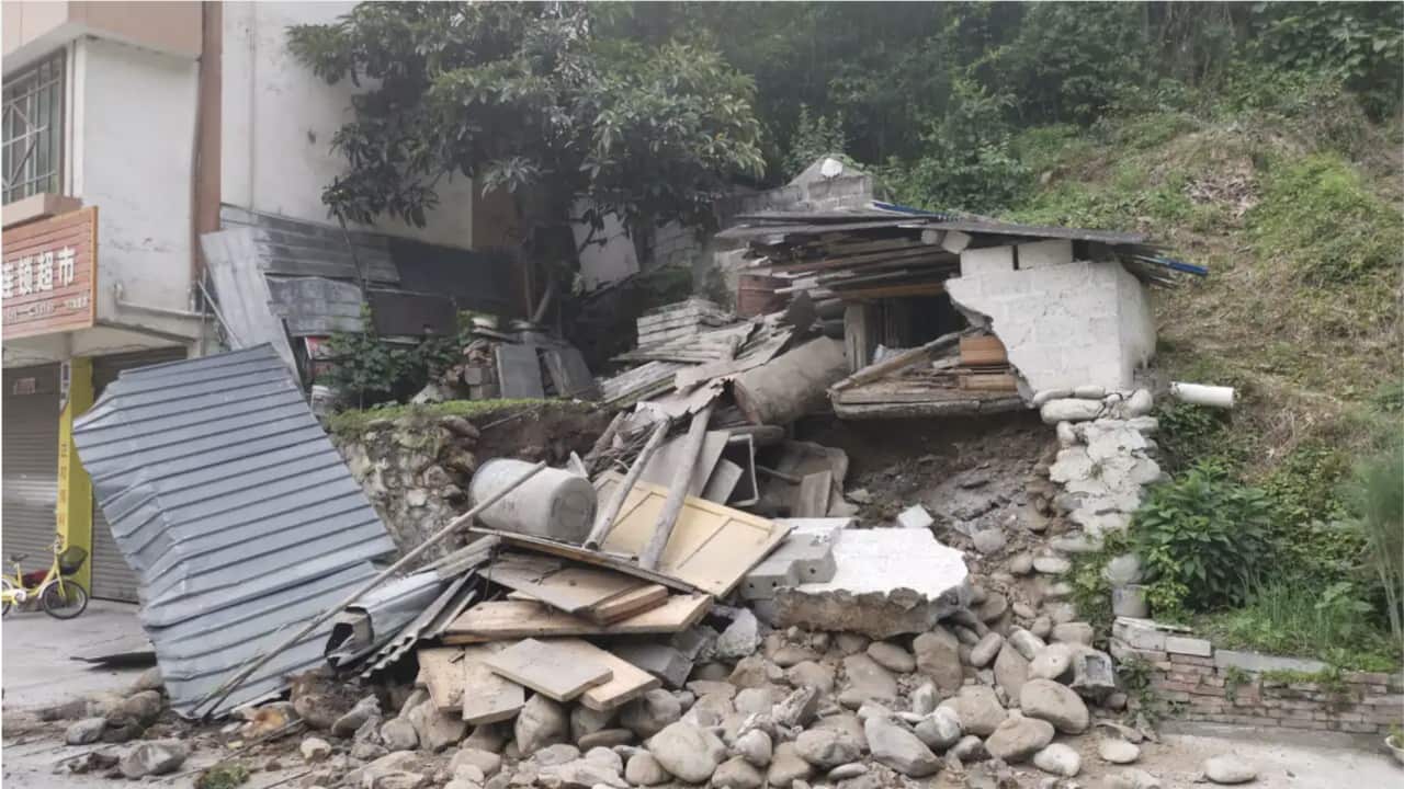 A collapsed house is seen on 1 June, 2022 in Lushan County, Ya an City, Sichuan Province of China. A 6.1-magnitude earthquake jolted Lushan county on Wednesday afternoon.
