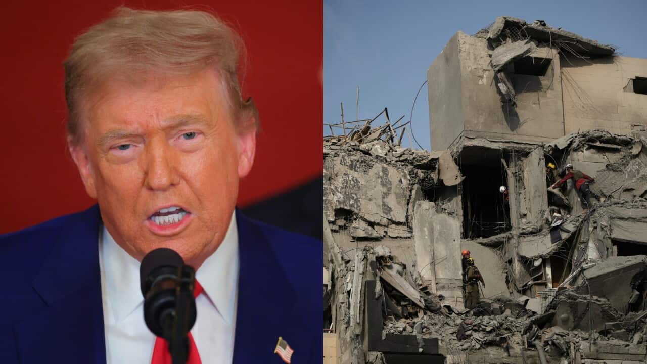 A composite image of US President Donald Trump on the left and a destroyed building on the right.
